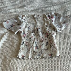 Abercrombie & Fitch White Floral Smocked Puff-Sleeve Crop Top